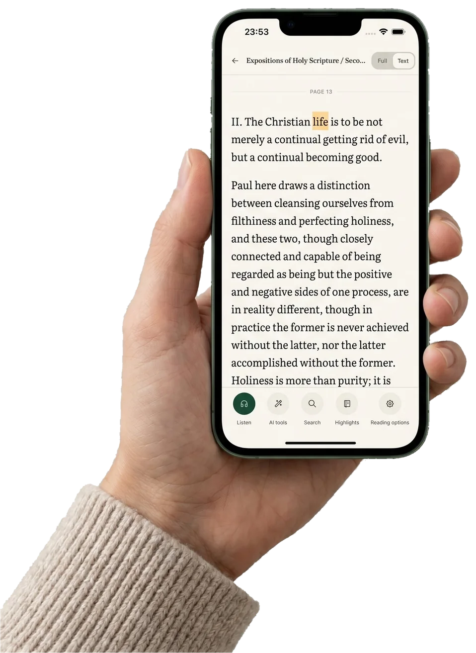A hand holding an iPhone with the Bookflow reader open